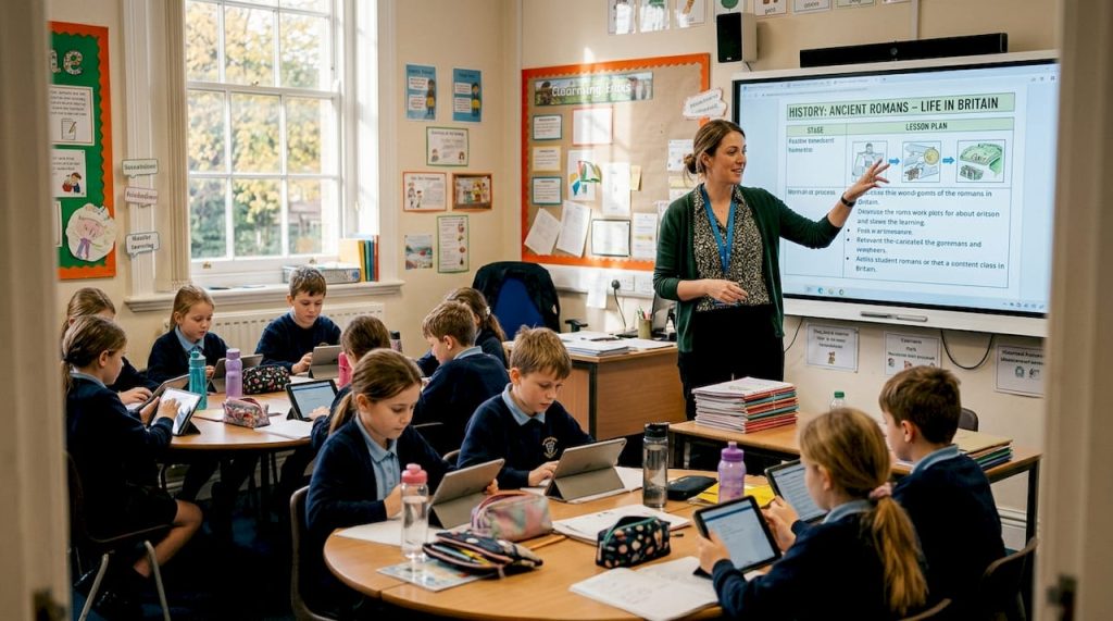 Teacher leading lesson with digital tools in classroom