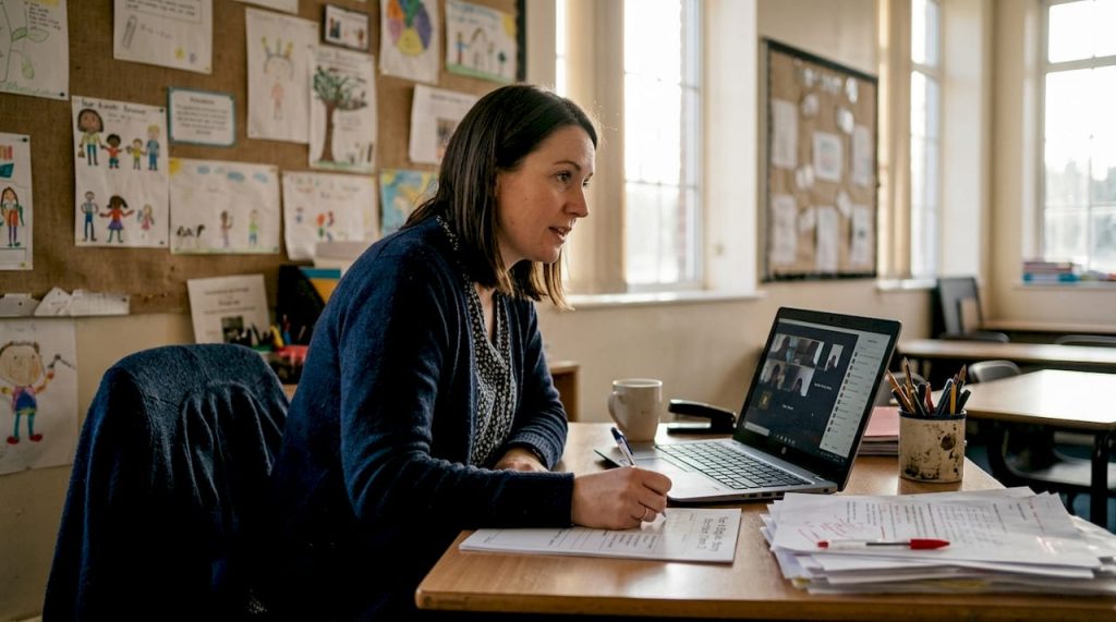 Teacher conducting online lesson in UK classroom