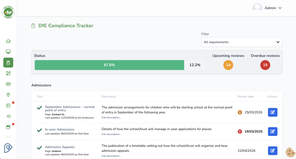 A screenshot of the eSchools DfE website compliance tracker.