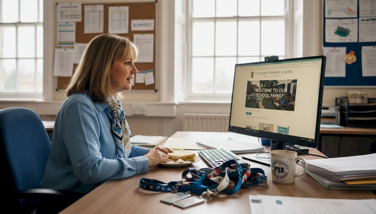 School office manager reviewing school website
