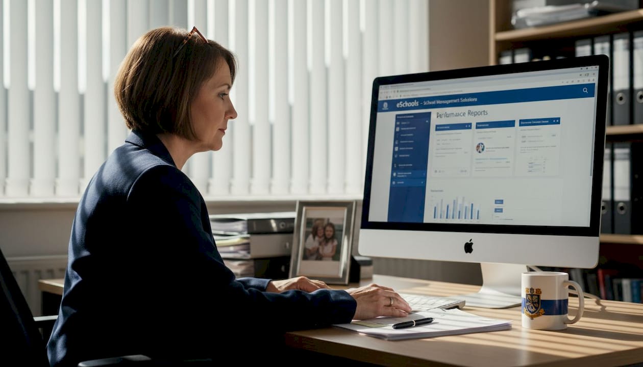 School leader reviewing management dashboard