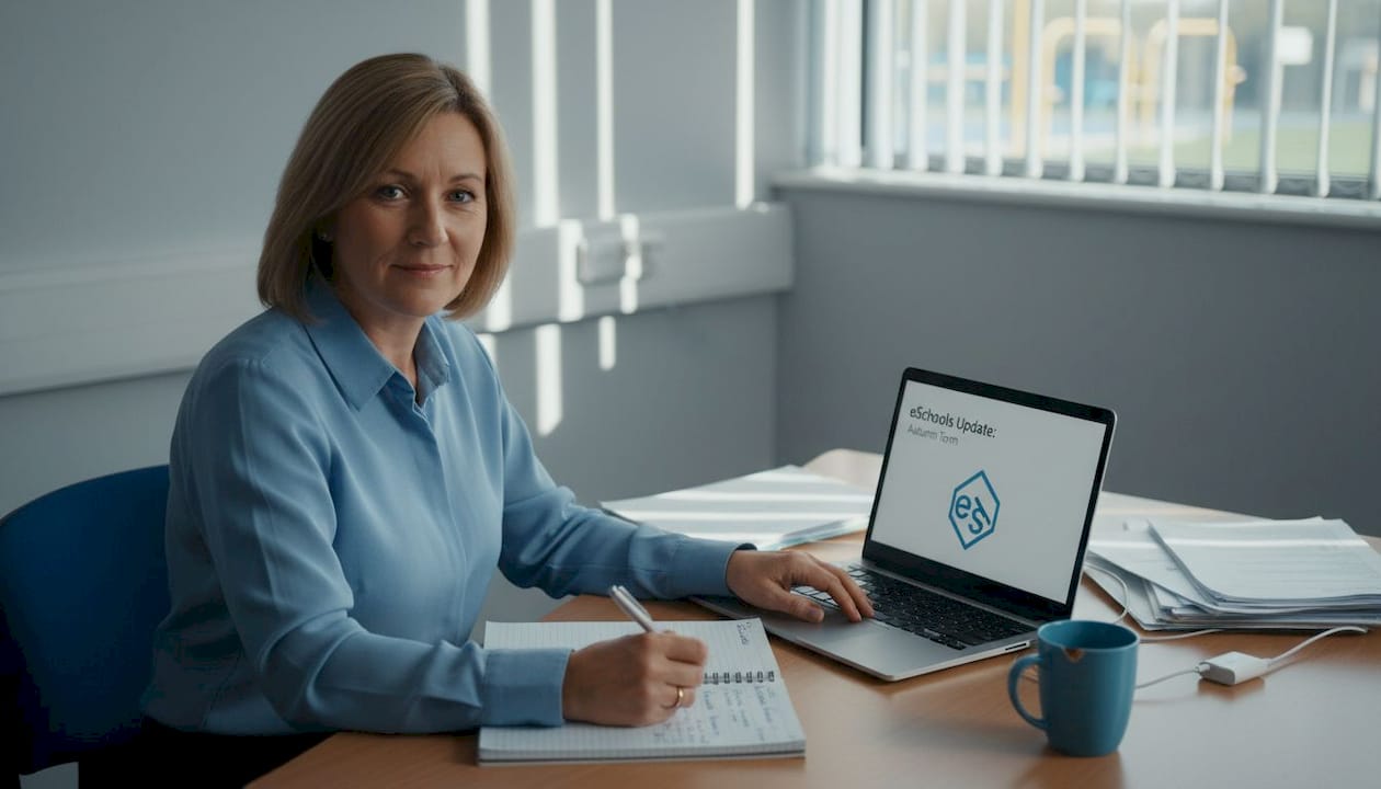 School administrator reading announcement at desk