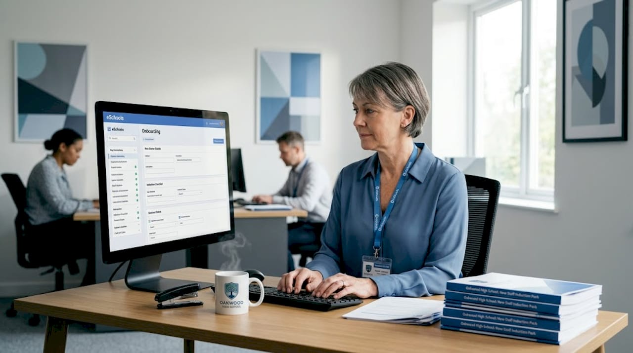School administrator checks digital onboarding workflow