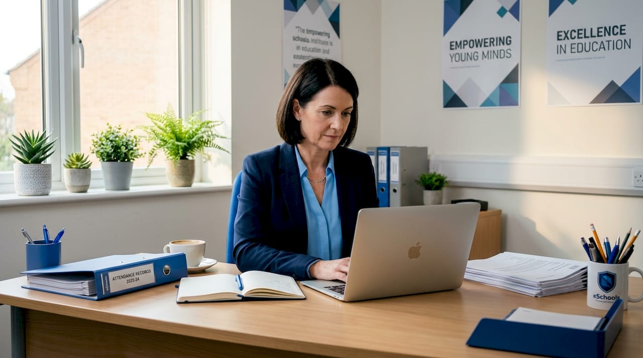 Headteacher reviews cloud-based school management data